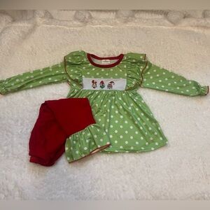 Green Polka Dot Dress with Red Pants